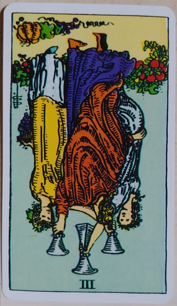 Three of Cups card, reversed